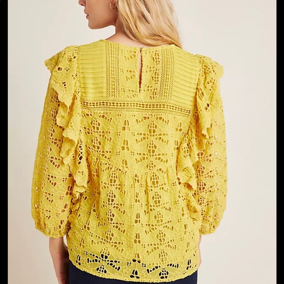 Anthropologie Yellow Clemetine Eyelet Long Sleeve Lined Boho Top Womens Size 8 - Picture 13 of 14
